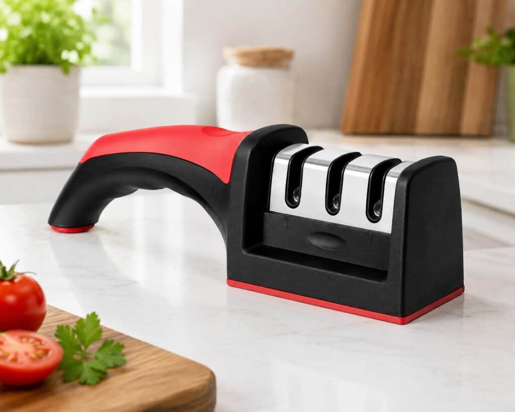 3 stage knife sharpener with 1 cut resistant glove red and black
