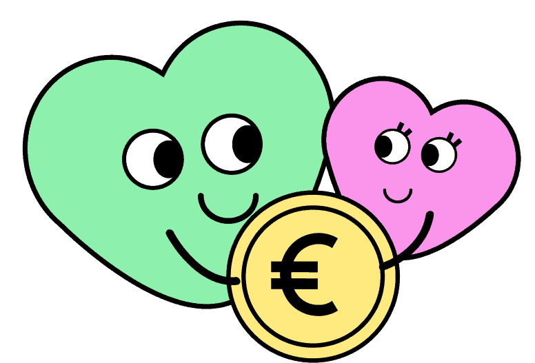 Zwei Cartoon-Herzen mit Gesichtern halten eine Münze mit einem Euro-Symbol in der Mitte.