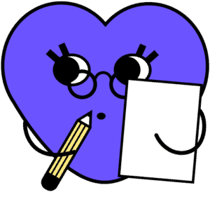 Ein lila Herz mit Brille hält einen Bleistift und Papier, als würde es schreiben oder zeichnen.