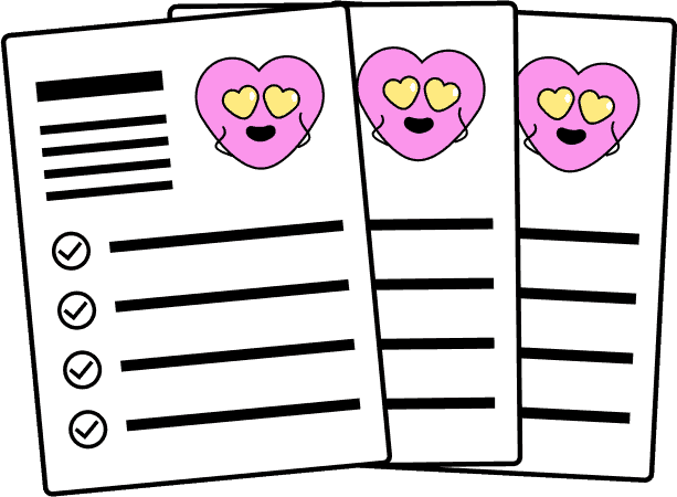 Drei Blätter Papier mit einer Checkliste und einem rosa Herz-Emoji mit Sternenaugen.