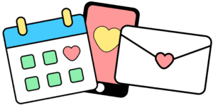Illustration eines Kalenders, Handys und Briefs.