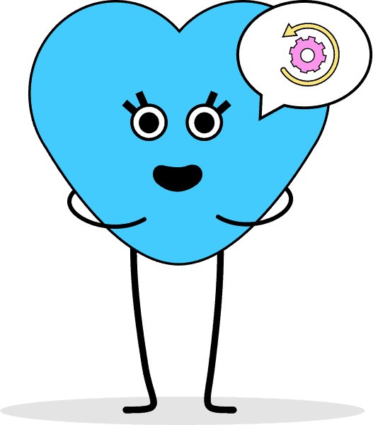 Ein blaues Cartoon-Herz lacht. Es hat eine Sprechblase mit einer Illustration eines technischen Prozesses.
