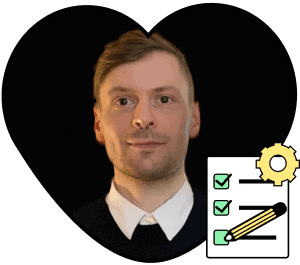 Porträt von Tom in Herzform und eine Illustration einer Checkliste.
