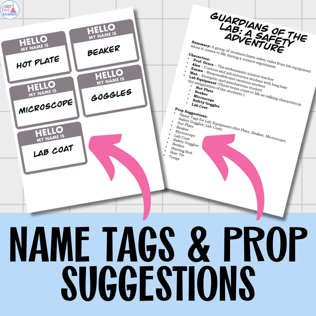 name tag and prop suggestions for lab safety reader's theater scripts