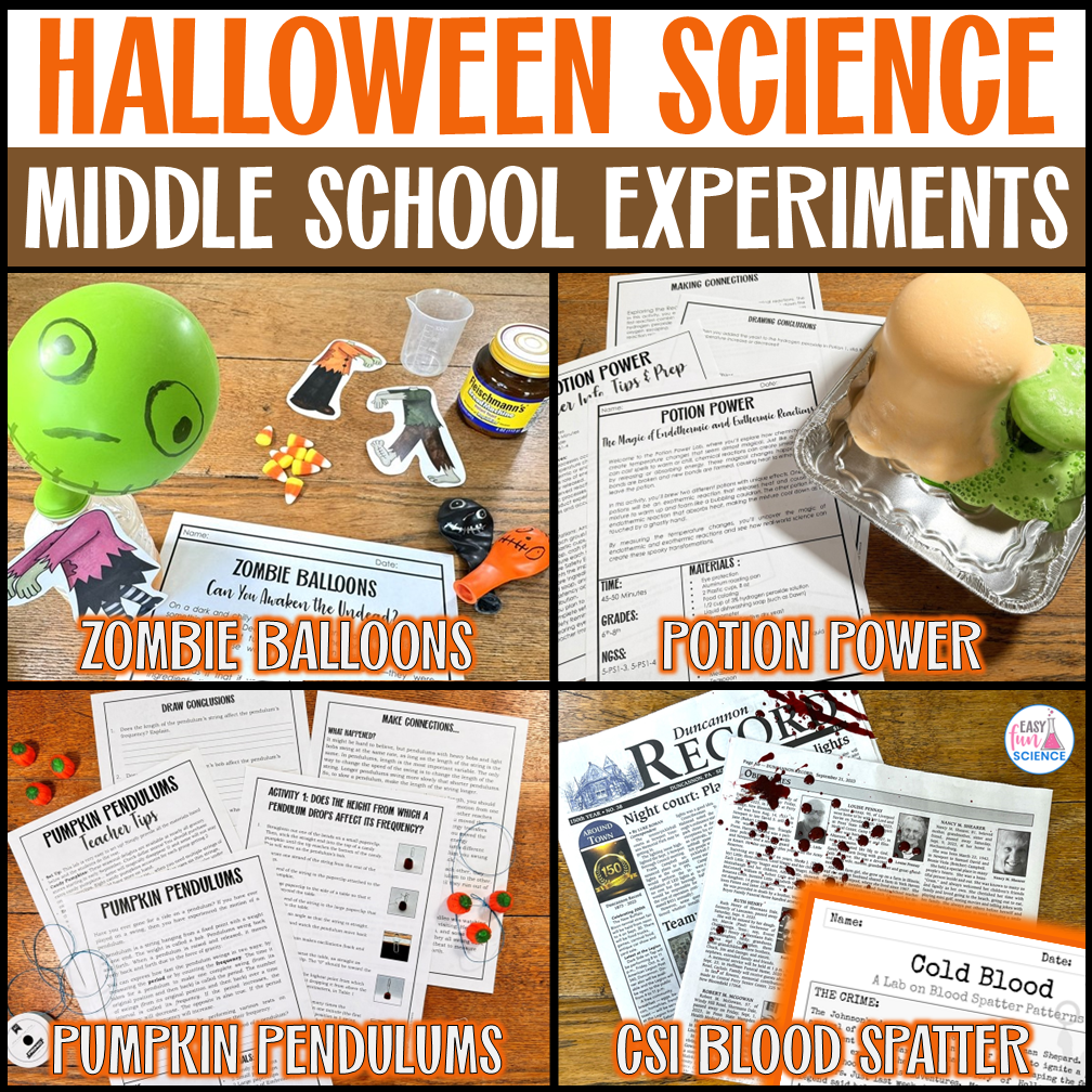 Halloween science experiments for middle school using candy corn and potion-themed materials in a fun STEM activity. Includes hands-on experiments, colorful lab setups, and engaging classroom visuals perfect for middle school science lessons during October.