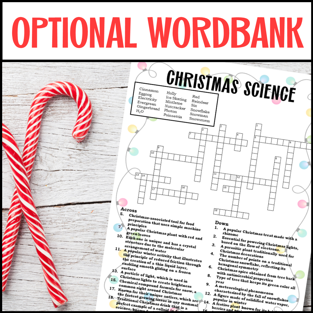 Printable Christmas Science Crossword Puzzle for Middle and High School students, holiday-themed educational worksheet for classroom fun and review