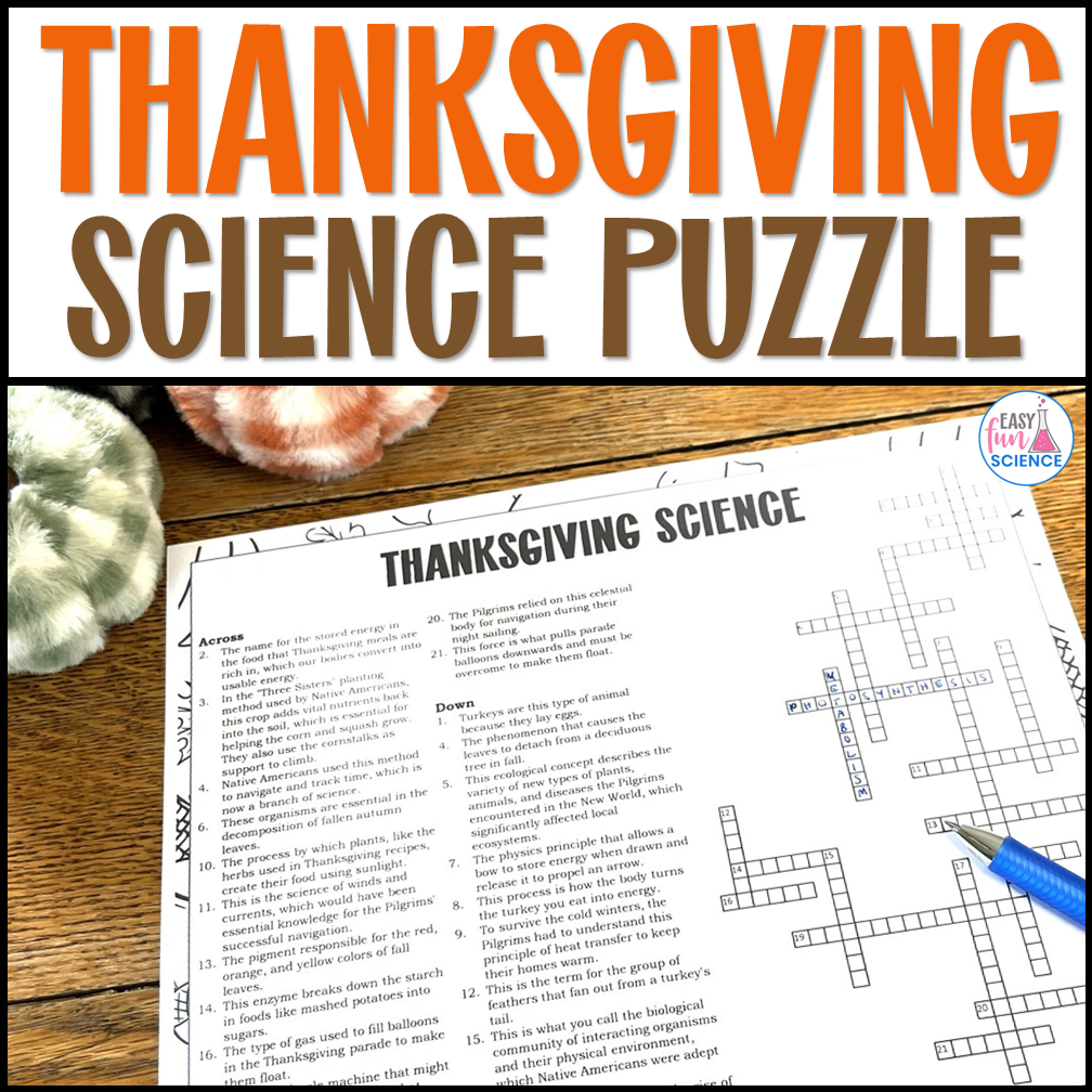 Thanksgiving science crossword puzzle activity for middle and high school students, featuring no-prep STEM fun and holiday-themed science questions