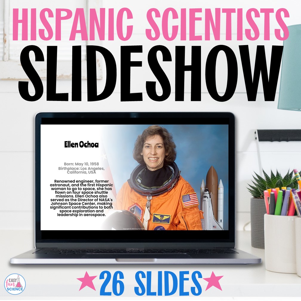 Educational slides highlighting the contributions of famous Hispanic scientists.