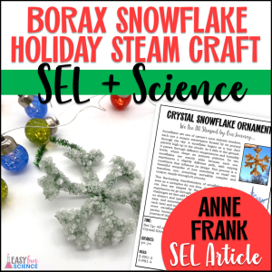 Printable Science Christmas Ornaments Snowflake STEM activity setup with materials.