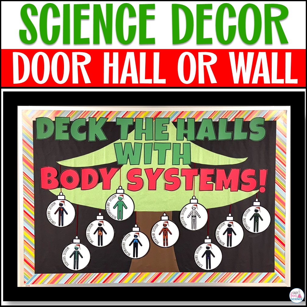 Science Christmas ornaments bulletin board display for classroom