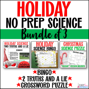 Middle school holiday no prep science activities, including Christmas-themed worksheets, party games, and fun hands-on experiments