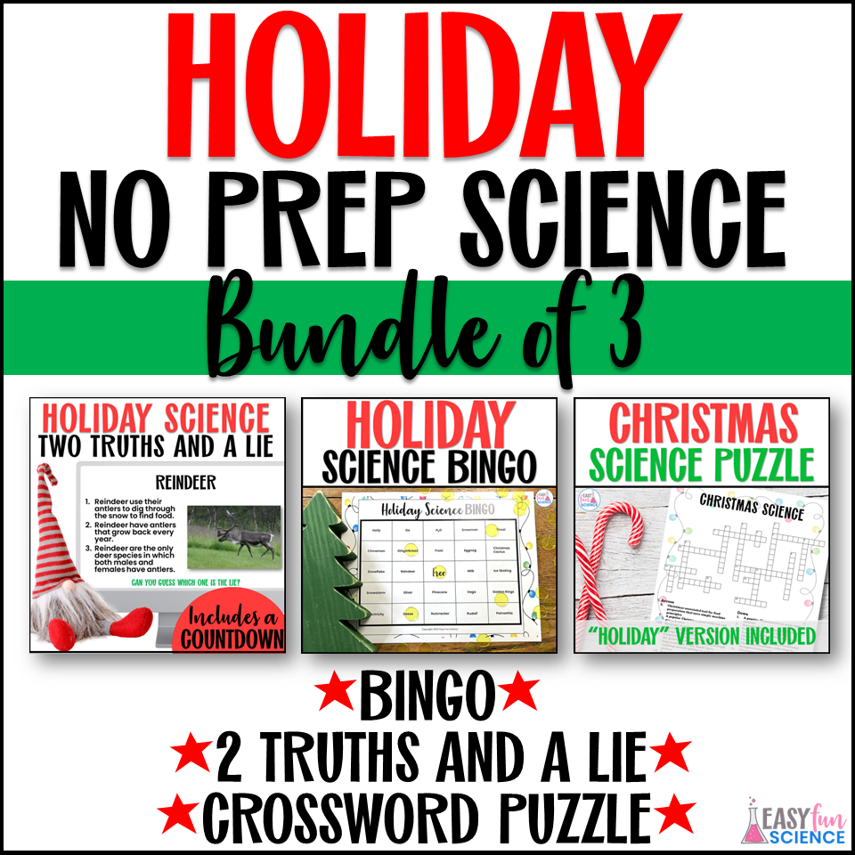 Middle school holiday no prep science activities, including Christmas-themed worksheets, party games, and fun hands-on experiments