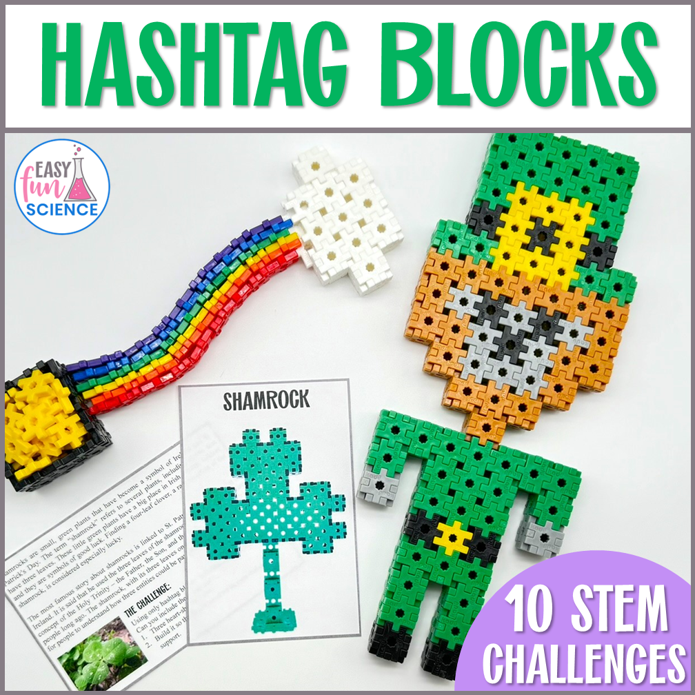 Hashtag Blocks Easter and St. Patrick’s Day task cards with themed building prompts