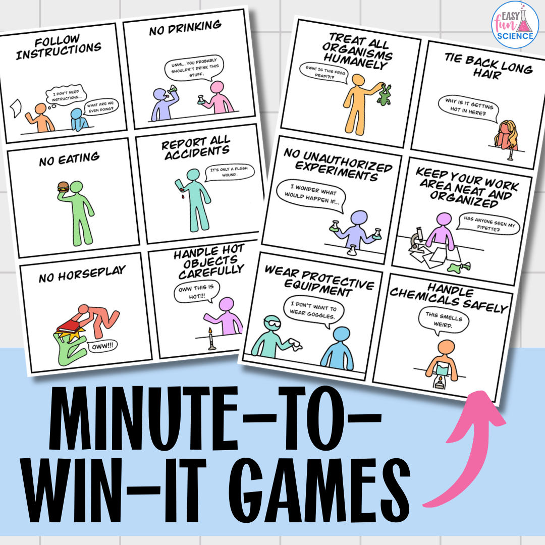 Middle school lab safety science game including quiz, student contract, safety posters, and coloring activity
