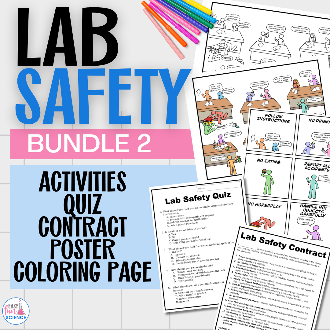 Middle school lab safety science game including quiz, student contract, safety posters, and coloring activity