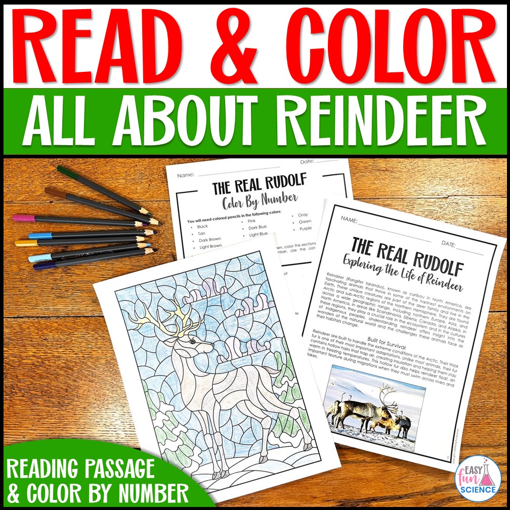 Christmas Science Color by Number Reindeer worksheet for kids – fun and educational holiday STEM activity