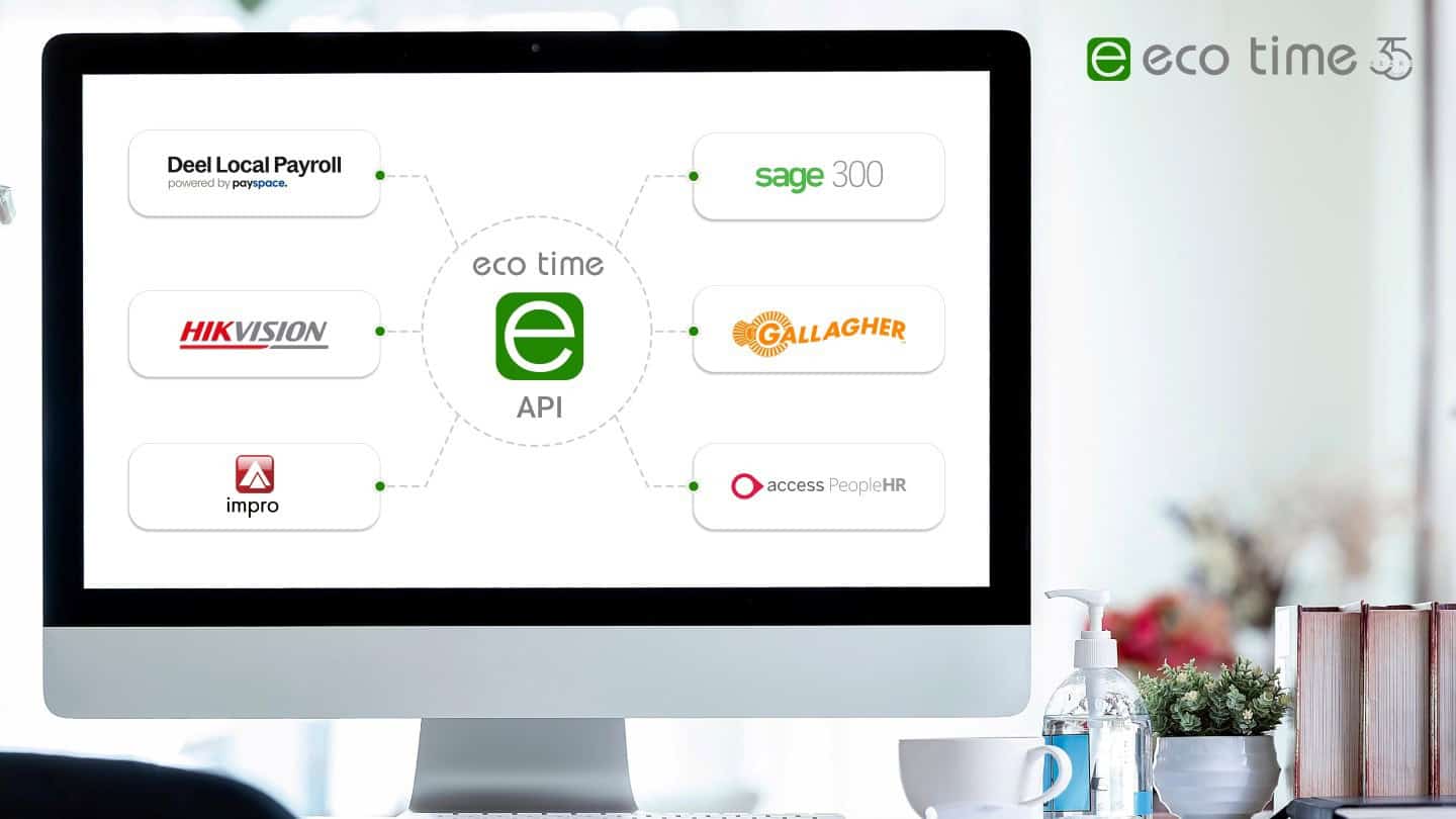 Eco Time API integration diagram showing various connected software solutions.