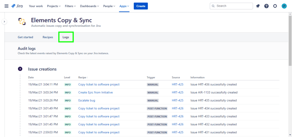audit logs - fix jira clone issue