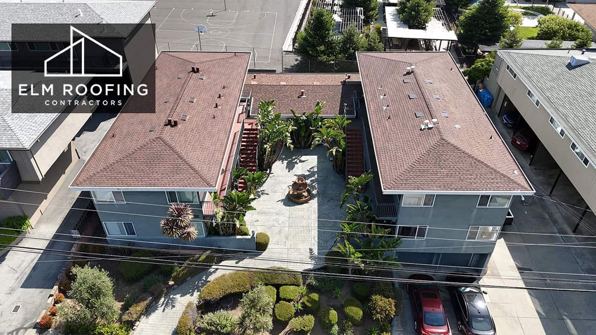 Completed commercial asphalt shingle roof replacement on Carlmont Dr in Belmont by ELM Roofing.