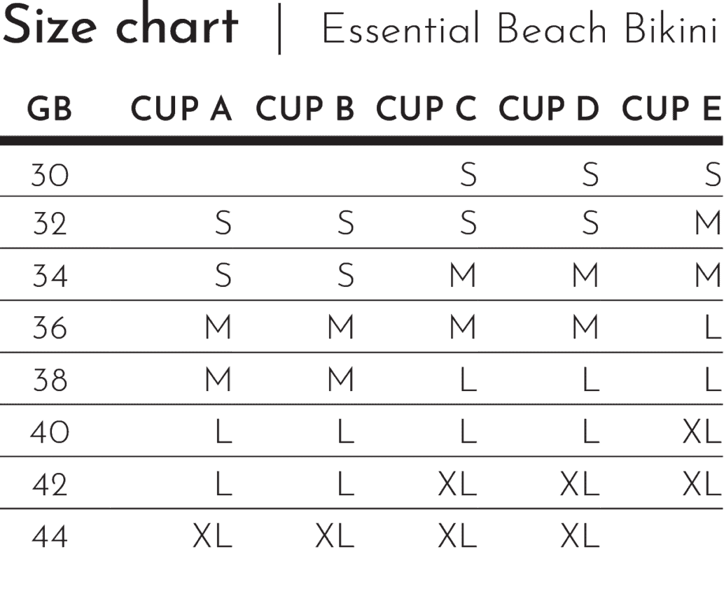 Essential Beach Bikini Size chart