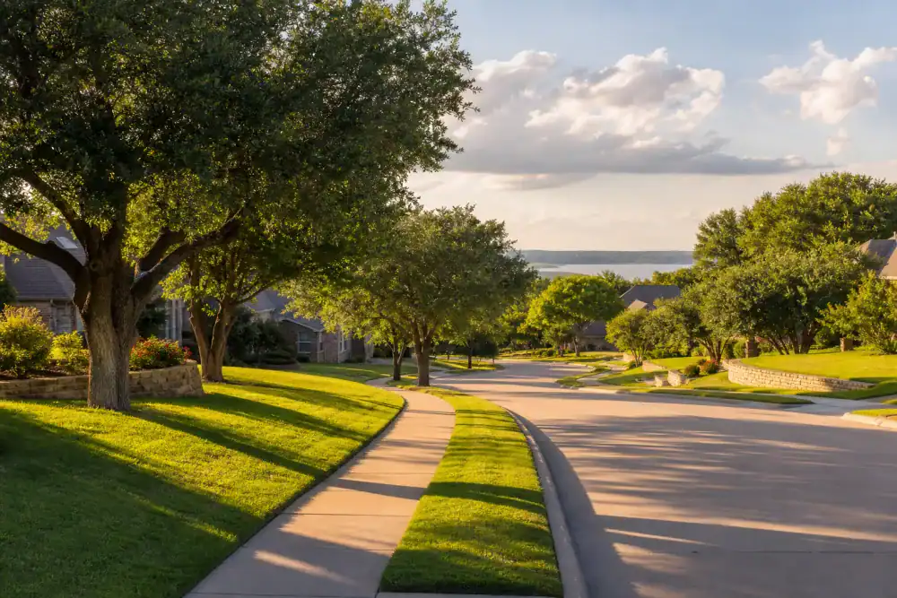 Residential area with green spaces in Flower Mound, Texas
