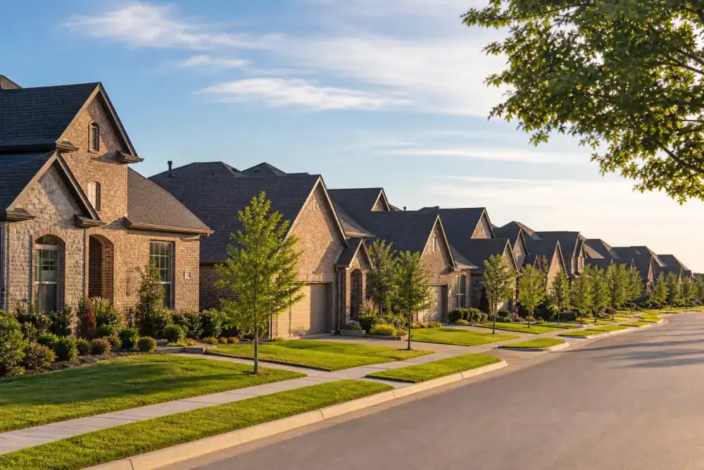 Planned community homes with manicured landscaping in Lantana, Texas