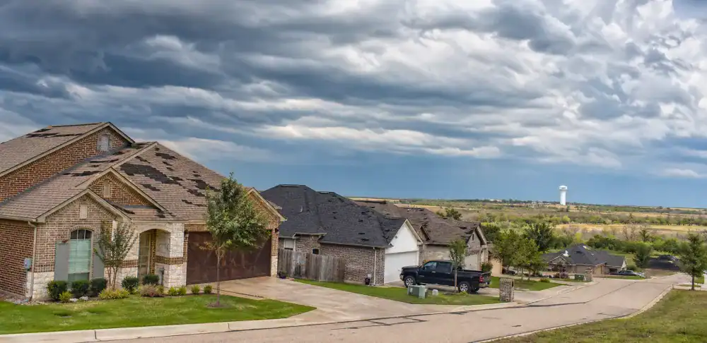 Homes with pitched roofs in a Sanger, Texas neighborhood