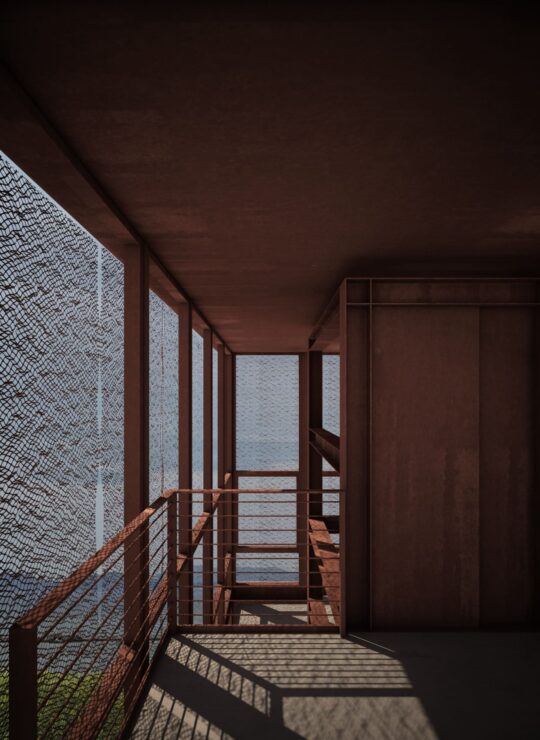 Struttura architettonica in acciaio corten del Convitto di Cagliari, progetto Europroject.