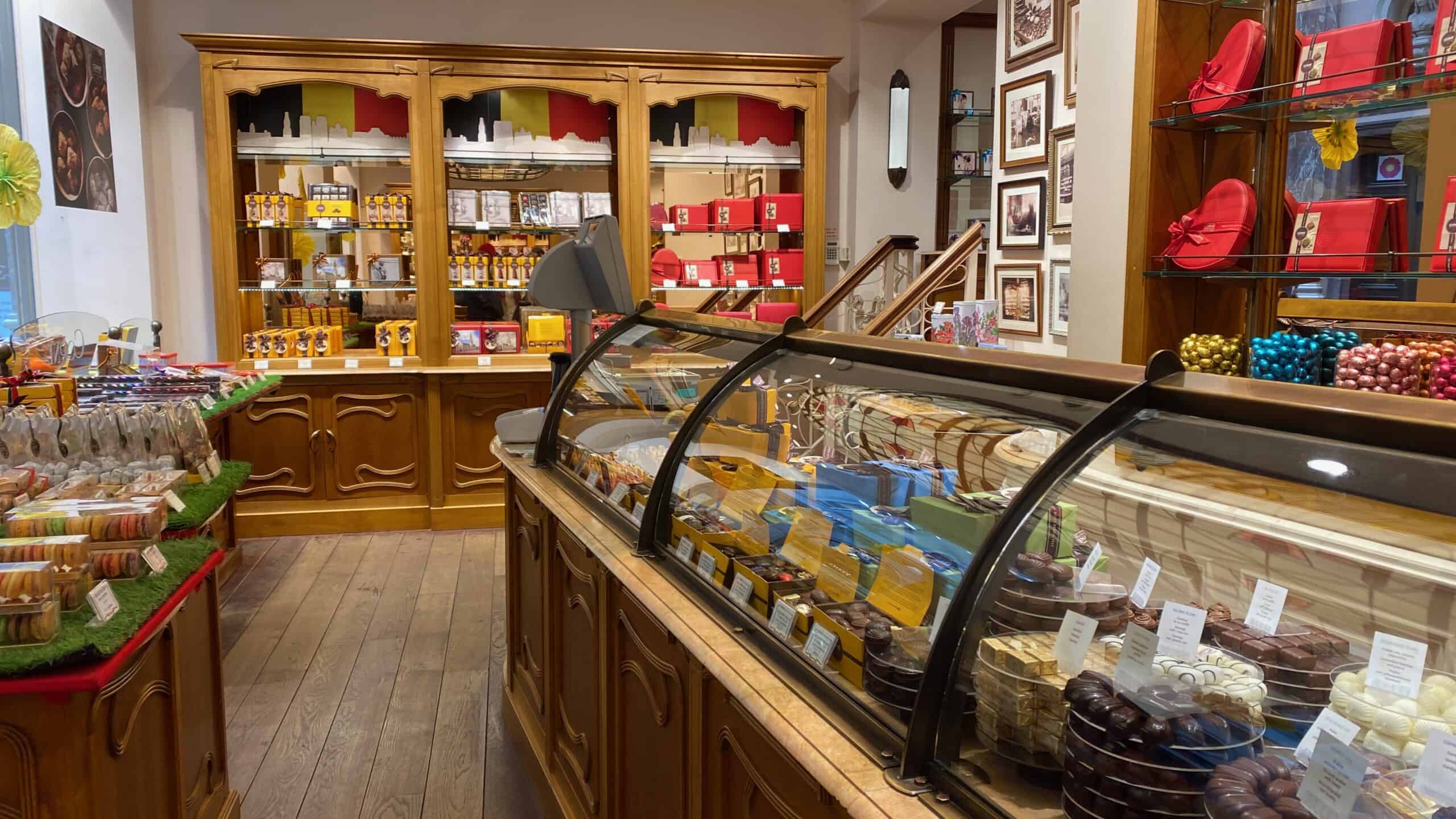 best-chocolates-in-brussels Inside the shop of Corne Port Royal with many chocolate choices to choose from