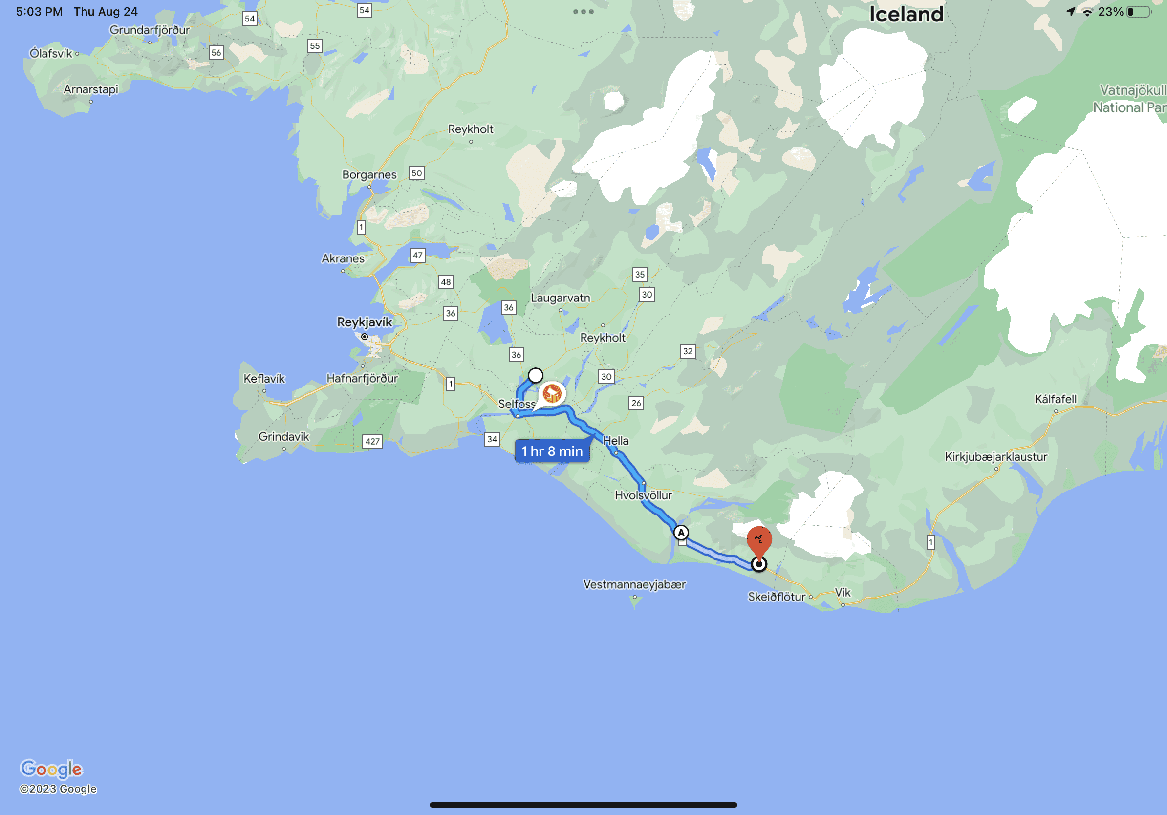 Map from Kerid to Seljalandfoss