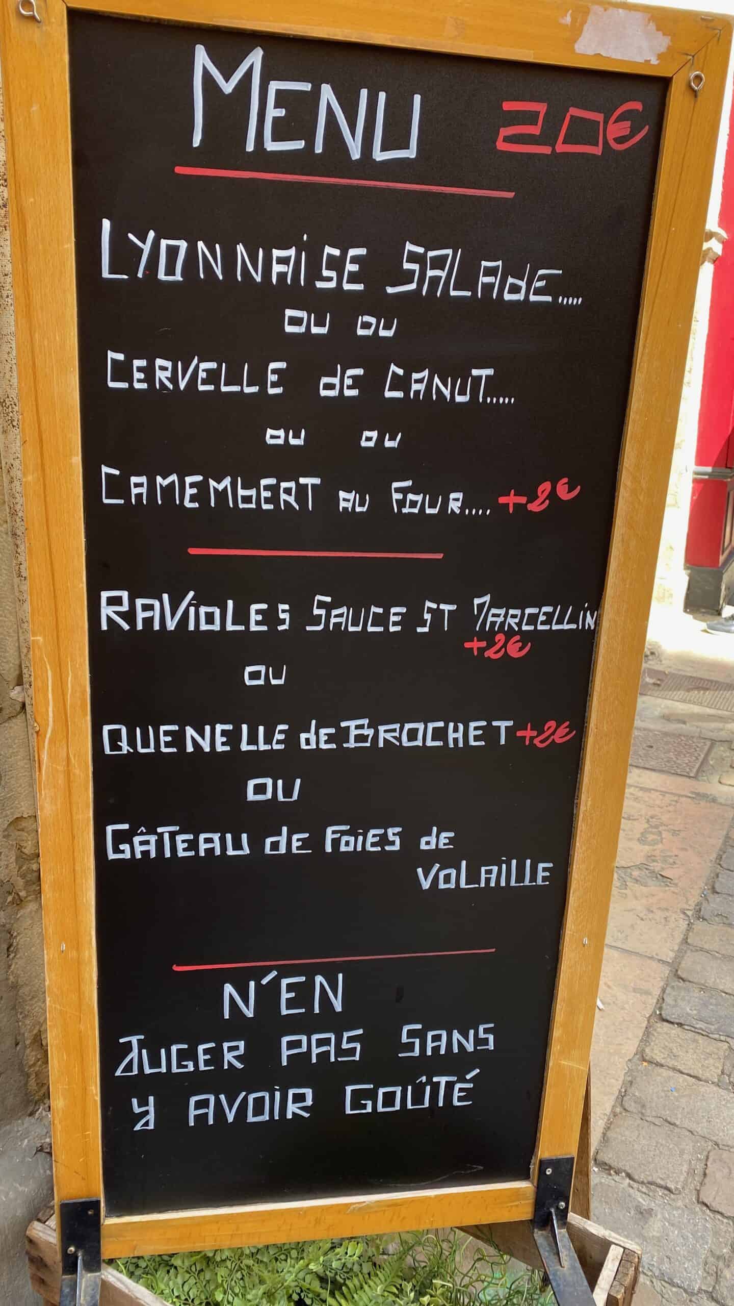 Menu board at a Bouchon in Old Town Lyon