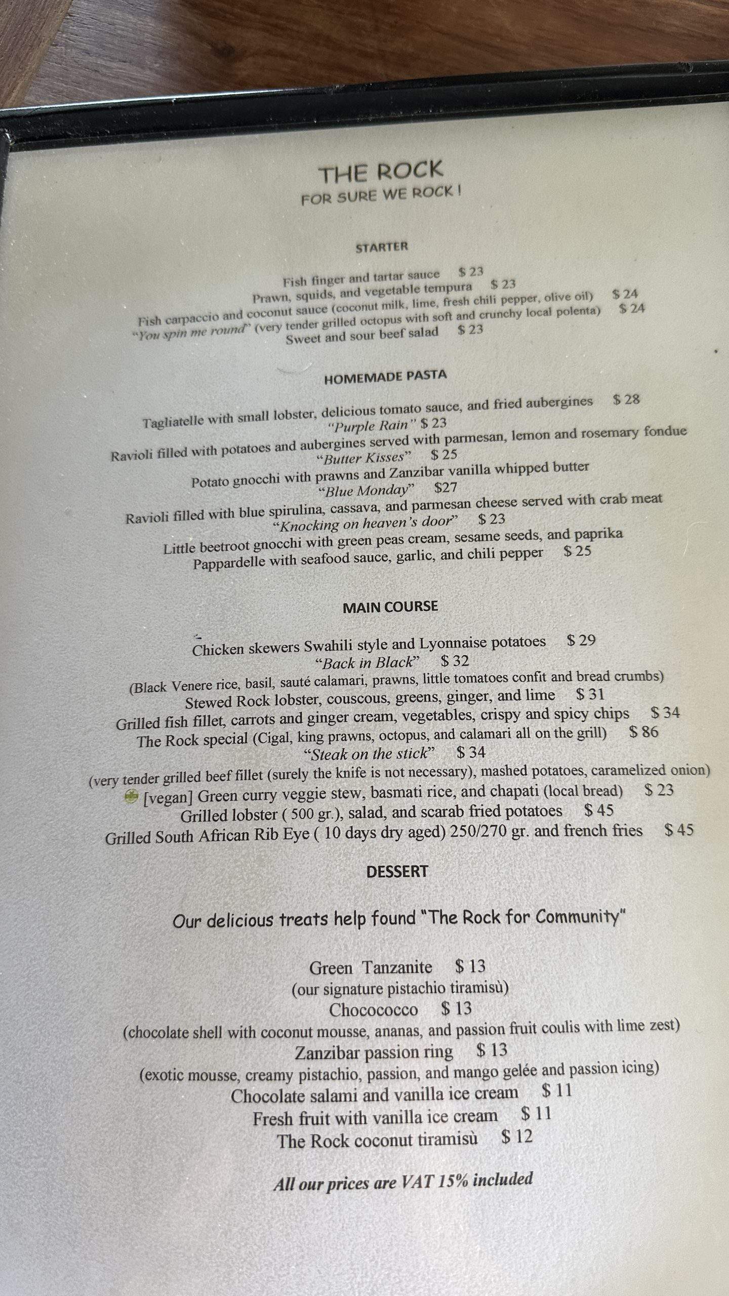 Food menu at the Rock Restaurant Zanzibar
