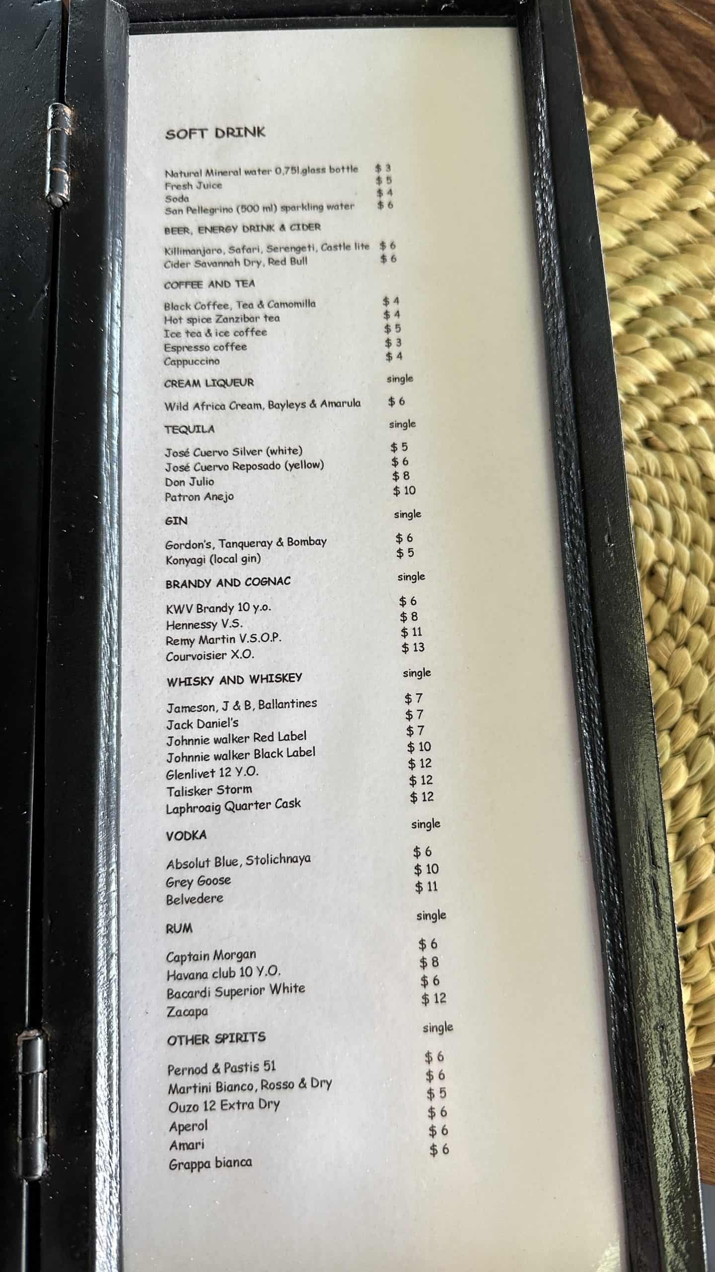 Drink menu at the Rock Restaurant