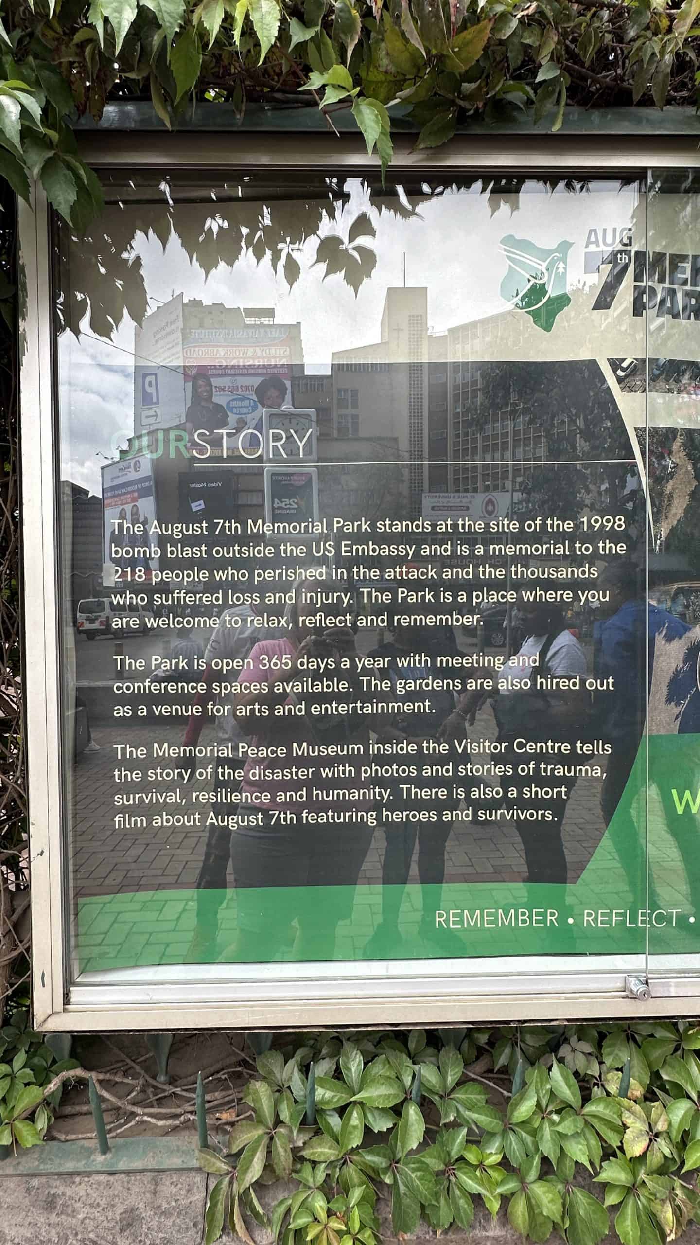 Outside sign at the August 7 Memorial