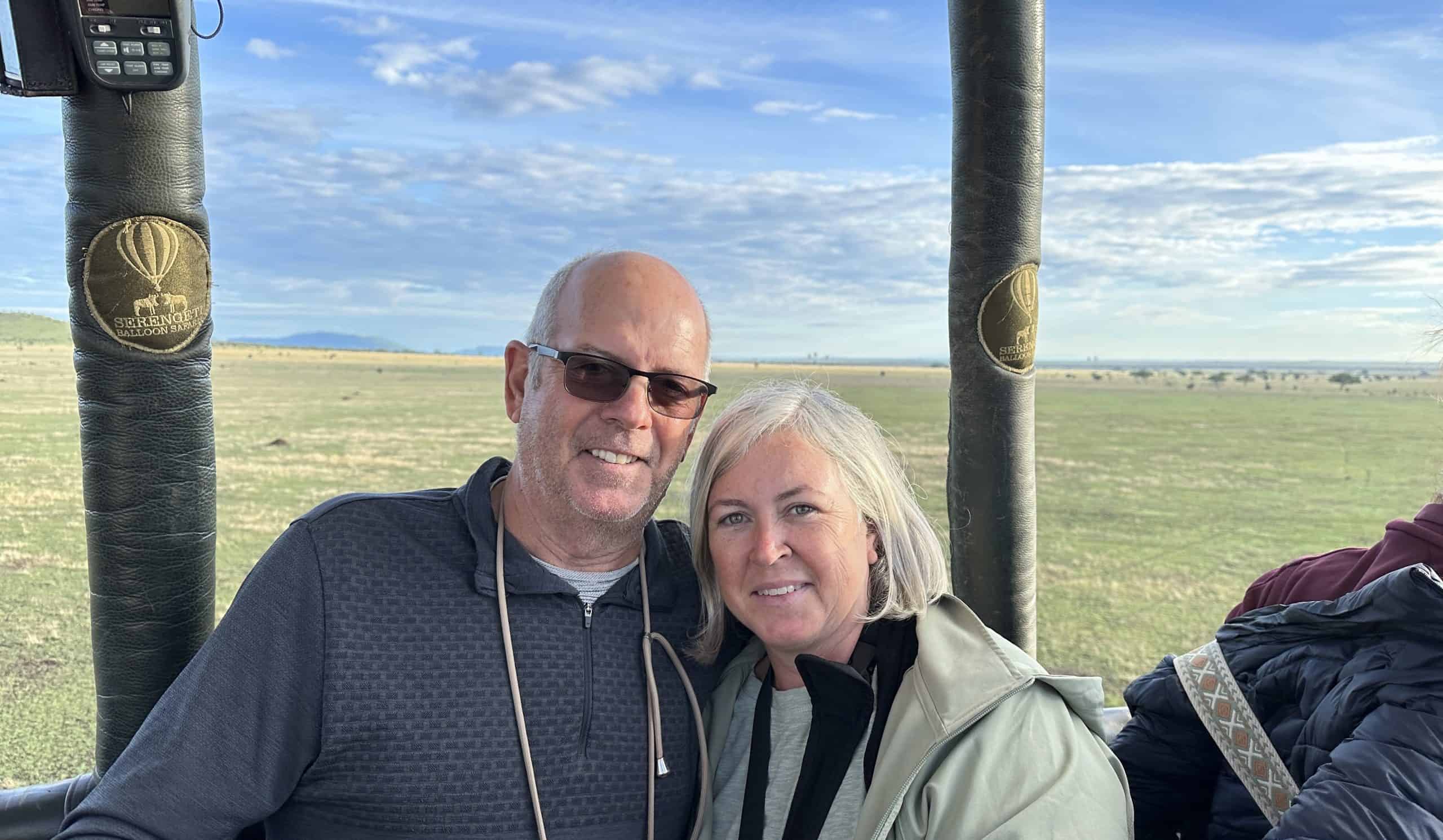 Our selfie on the hot air balloon ride over Serengeti
