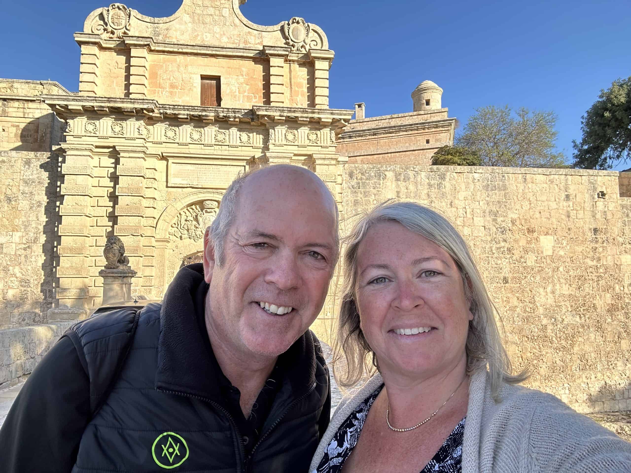 Our photo in front of the Mdina Gate