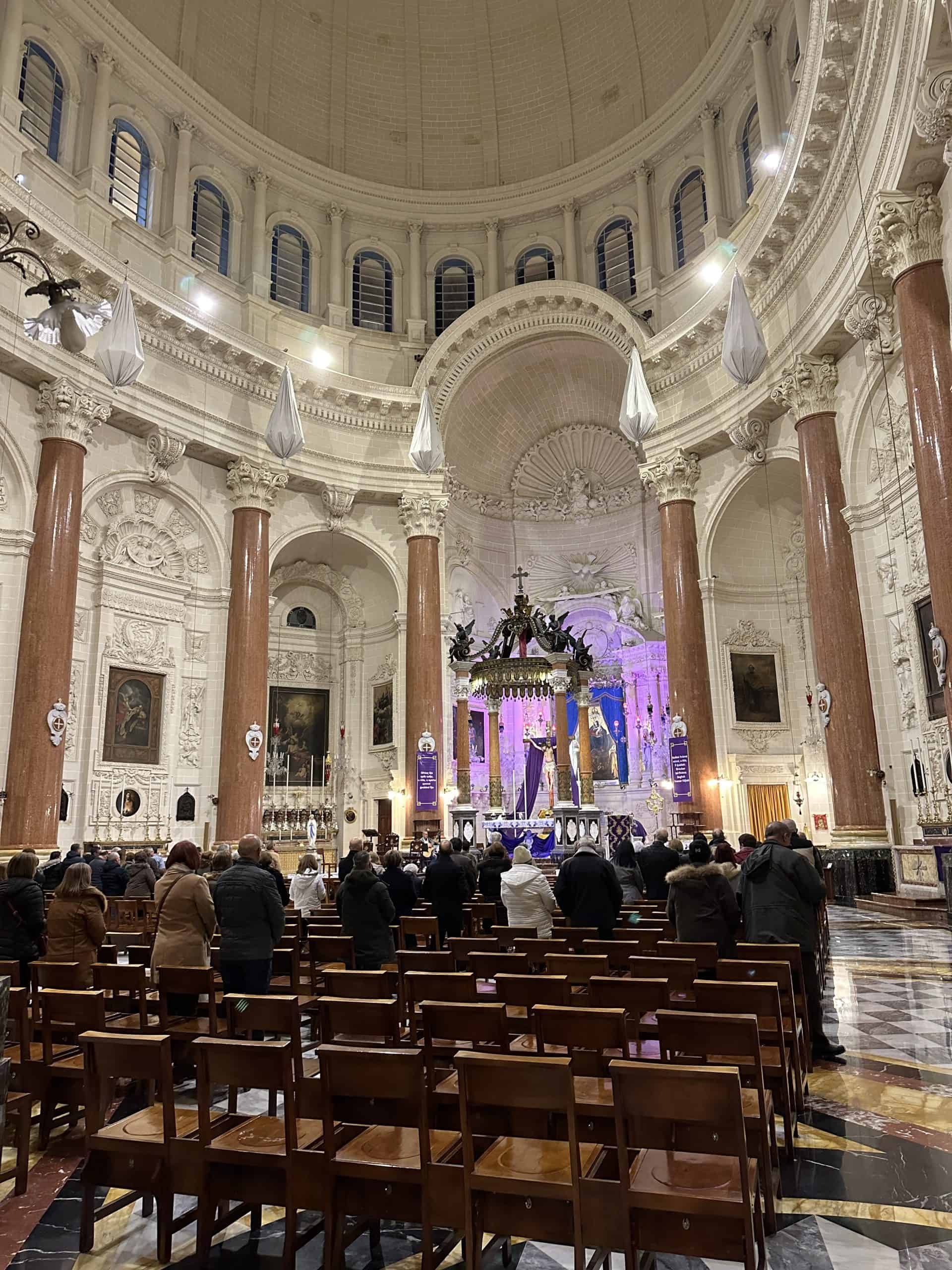 Inside the Basilica of Our Lady of Mount Carmel with red marble columns