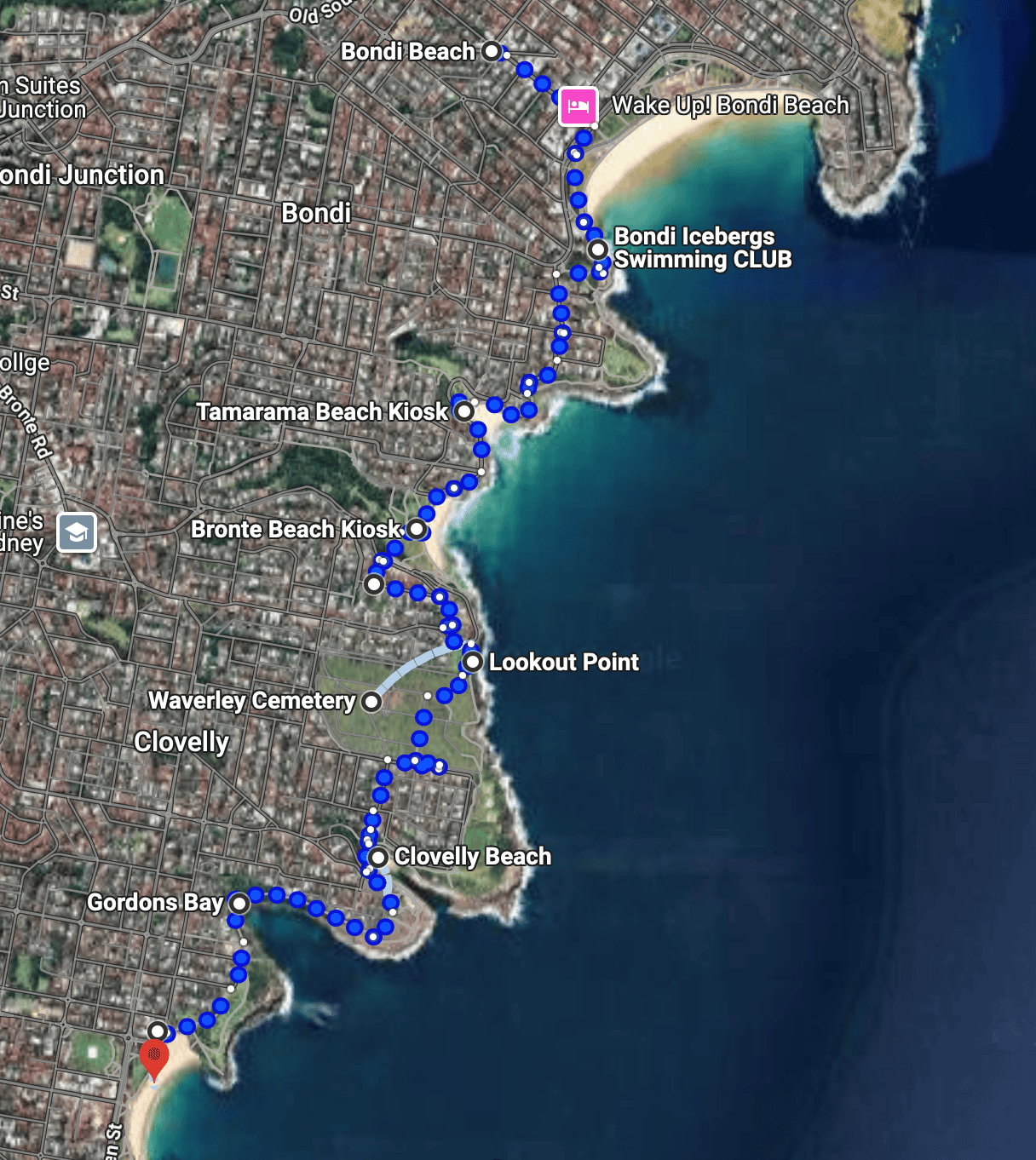 Map of the walk from Bondi to Coogee