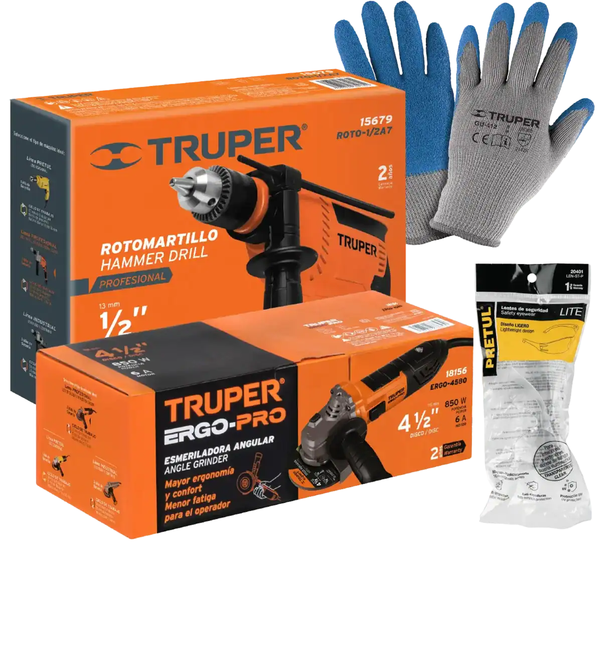 Truper Combo Taladro 1/2" Esmeril 4-1/2" Guantes+anteoj