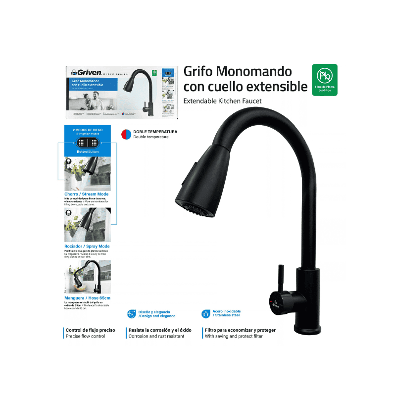 Griven Cachera Fregadero Cuello Extensible Negro ( GV-SH8800B )