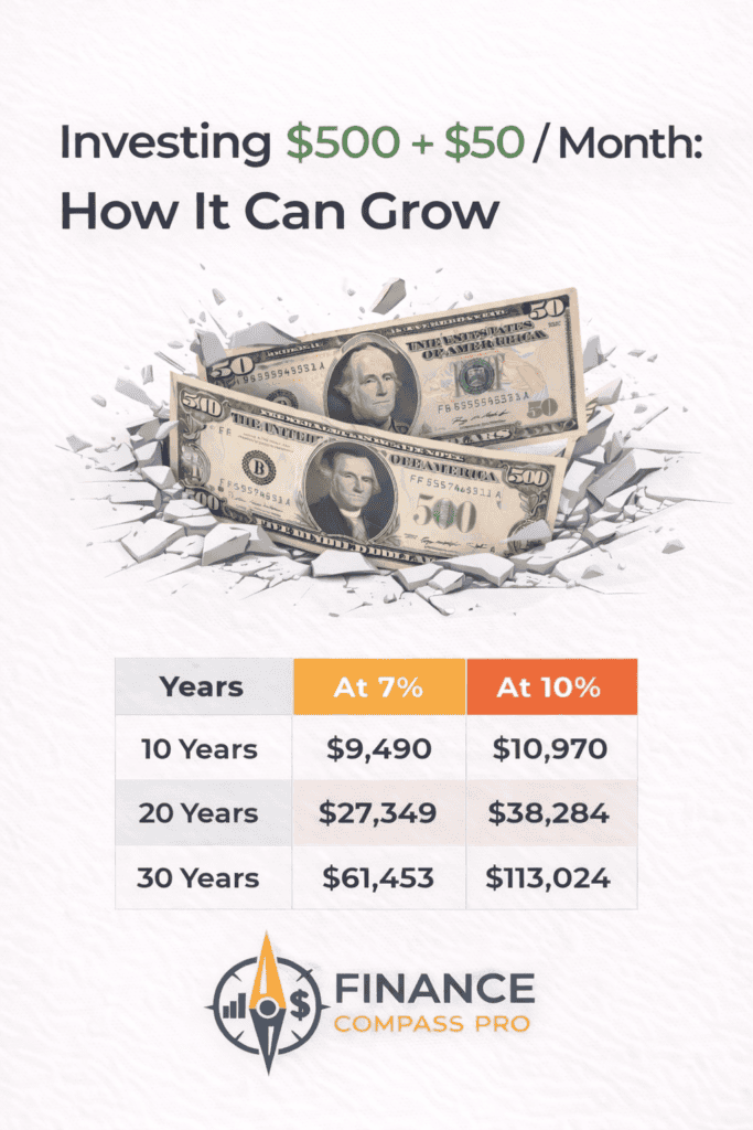 $500 plus $50 per month for 30 years produces over $113,000