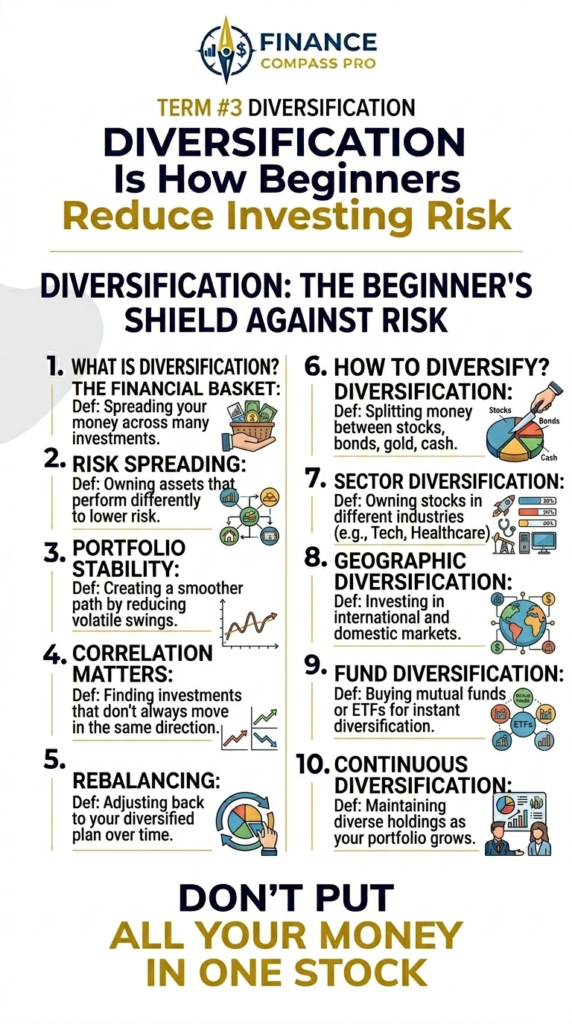 A finance pin explaining diversification and why beginners should not put all their money into one stock.