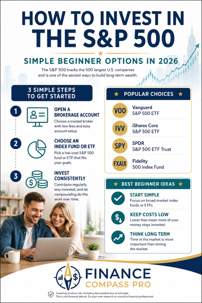 How to invest in the S&P 500 infographic for beginners in 2026 showing three simple steps, popular fund choices like VOO IVV SPY and FXAIX, and key beginner investing principles.