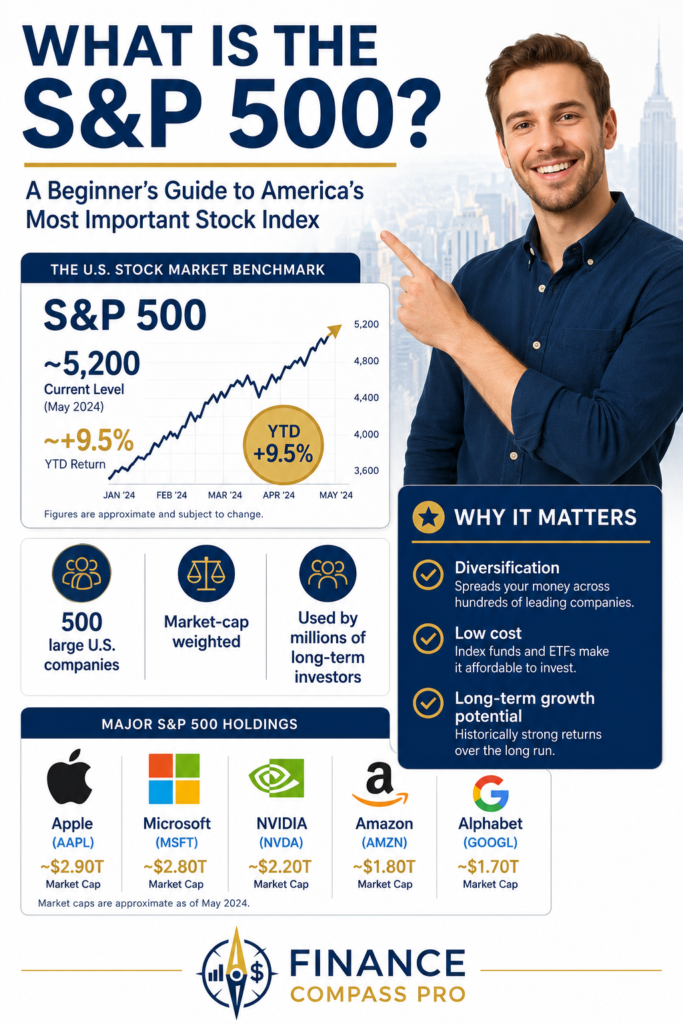 What is the S&P 500 infographic explaining the stock index, showing a sample S&P 500 chart, major holdings like Apple Microsoft NVIDIA Amazon and Alphabet, and why it matters for diversification low cost and long-term growth.