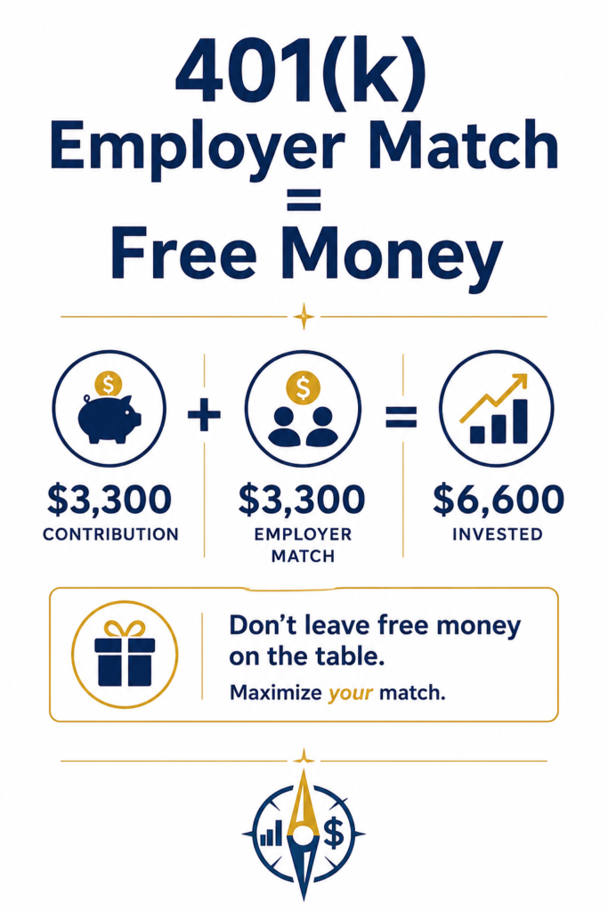 401(k) Employer Match equals Free Money - contribution plus employer match equals total invested - FinanceCompassPro