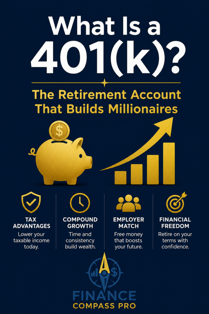What Is a 401(k)? The Retirement Account That Builds Millionaires - Pinterest infographic - FinanceCompassPro