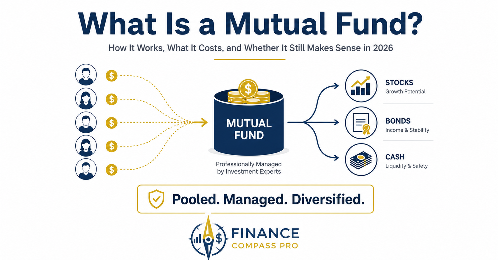 What Is a Mutual Fund - How It Works What It Costs and Whether It Still Makes Sense in 2026 - pooled investment vehicle infographic - FinanceCompassPro
