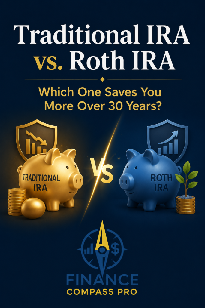 Traditional IRA vs Roth IRA - Which One Saves You More Over 30 Years - two piggy banks navy and gold - FinanceCompassPro