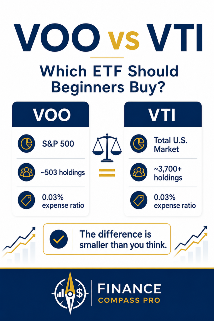 VOO vs VTI Pinterest image comparing two Vanguard ETFs for beginner investors