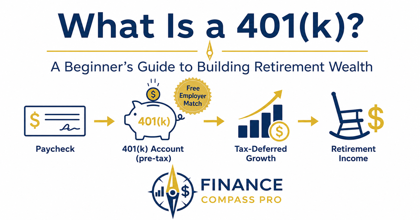 What Is a 401(k)? Flow diagram showing paycheck to 401k account to tax-deferred growth to retirement income - FinanceCompassPro
